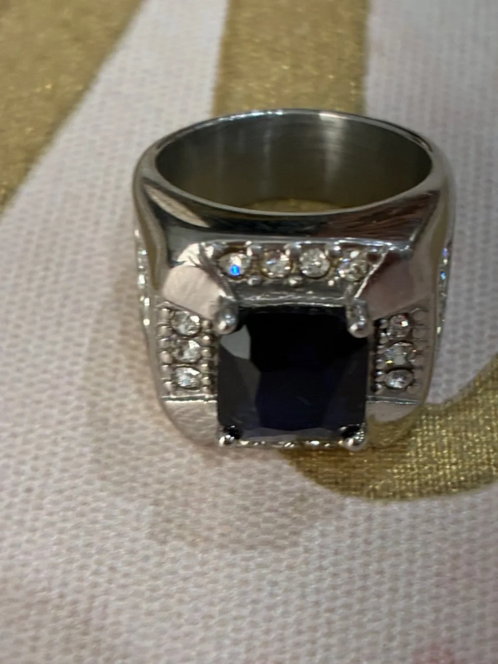 Silver Statement Ring with Dark Blue Beveled Square Faux Gem